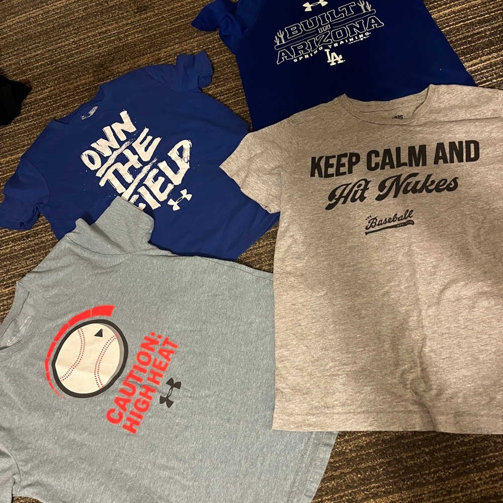 Under Armour Lot of 4 Baseball Kids Tees - Blue, Gray, and Red Designs
